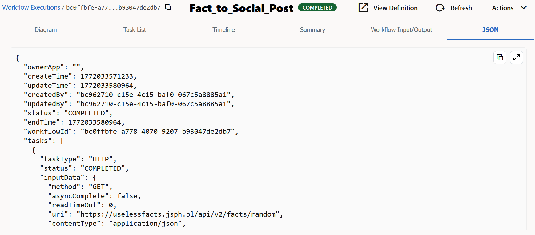 JSON tab for the workflow execution
