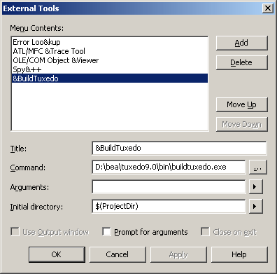 Describes the External Tools Window screen.