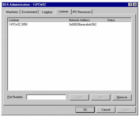Describes the Oracle Administration Window with Listener Page Displayed screen