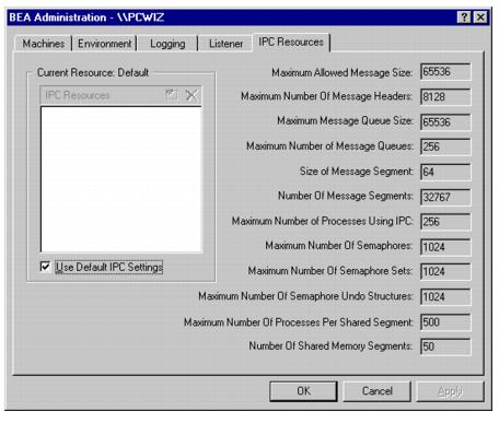 Describes the Oracle Administration Window with IPC Resources Page Displayed screen