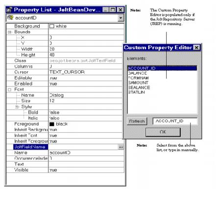 Example of JoltTextField Property List and Custom Property Editor Diagram