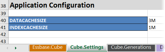 Application configuration specification in the application workbook for Sample Basic. On the Cube.Settings worksheet, in the Application Configuration area, DATACACHESIZE property is set to a value of 3M, and INDEXCACHESIZE property is set to a value of 1M.