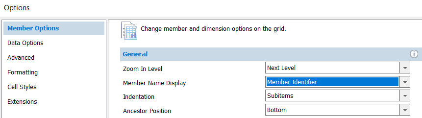 Image of the Member Identifier member name display option in Smart View Options.