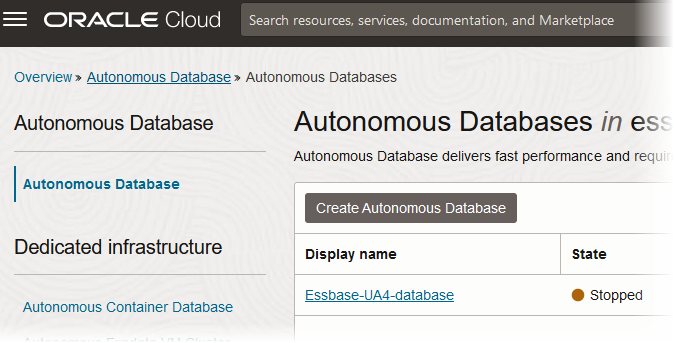 OCI Console with Autonomous Database stopped