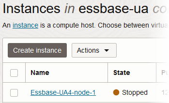 An Essbase instance named Essbase-UA4-node-1, with a state of Stopped, is listed as a compute instance in a compartment on OCI.