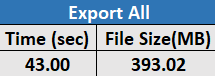 Image of the fifth table in the Essbase.Stats.Baseline sheet, showing export time and file size. Image of the fifth table in the Essbase.Stats.Baseline sheet, showing export time and file size.
