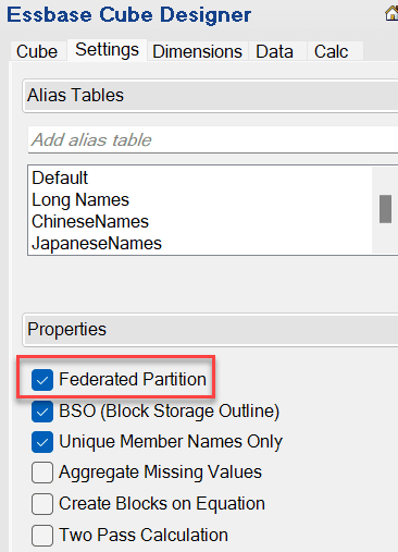 Image of the Cube Designer panel, Settings tab, with Federated Partition selected.