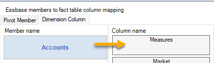 Image of the Essbase members to fact table column mapping in the Cube Designer federated partition wizard, showing that Accounts needs to be mapped to Measures.
