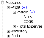 Expanded Measures dimension including children Profit, Inventory, and Ratios. Included is Margin, the child of Profit. Also included are children of Margin: Sales and COGS.