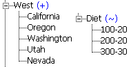 Expanded West dimension from Sample Basic, with states as children. Expanded Diet dimension with children 100-20, 200-20, and 300-30.