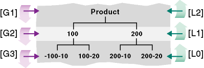 Symmetric hierarchy tree. Product, the member at the top, is generation 1 and level 2. Children of Product, 100 and 200, are generation 2 and level 1. Children of 100 and 200, members 100-10, 100-20, 200-10, and 200-20, are generation 3 and level 0. .