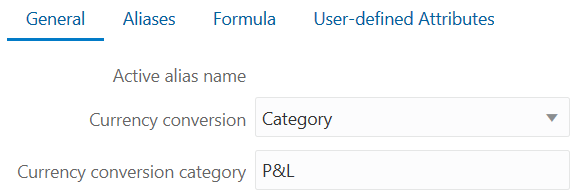 Member properties for the top Accounts dimension member, showing a currency conversion category named P&amp;L (Profit and Loss)