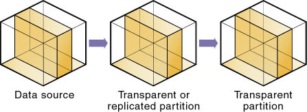 This image illustrates how a transparent partition target can contain data from a transparent or replicated partition source.