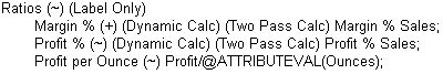 This image shows an outline in which formulas are applied to the Margin %, Profit %, and Profit per Ounce members, as described in the text preceding the image.