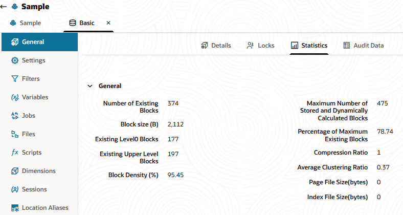 Storage statistics for a cube are available in storage > statistics. Image displays some of these statistics for cube Sample Basic, including: Number of existing blocks 374, Block Size (B) 2,112, Existing Level0 Blocks 177, and more.
