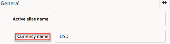 Image of the Currency Name field on the General tab of the member inspector at the top of the Market dimension (country dimension). Image of the Currency Name field on the General tab of the member inspector at the top of the Market dimension (country dimension).