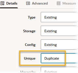 Dimension build properties in the load rule. Unique setting on the Details tab is set to Duplicate. Dimension build properties in the load rule. Unique setting on the Details tab is set to Duplicate.
