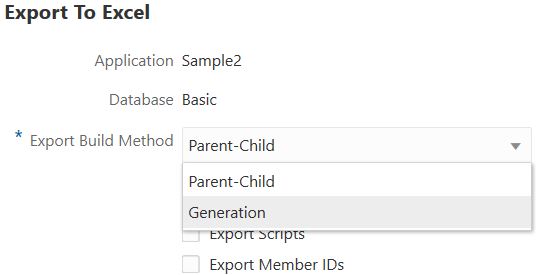 Export To Excel dialog with Export Build Method options of Parent-Child or Generation