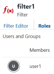 Image of the roles tab in the filter editor, showing user1.