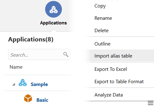 Image mashup shows the Applications page in the Essbase web interface, with focus on the action "Import alias table" being selected from the Actions menu for the cube Sample Basic.
