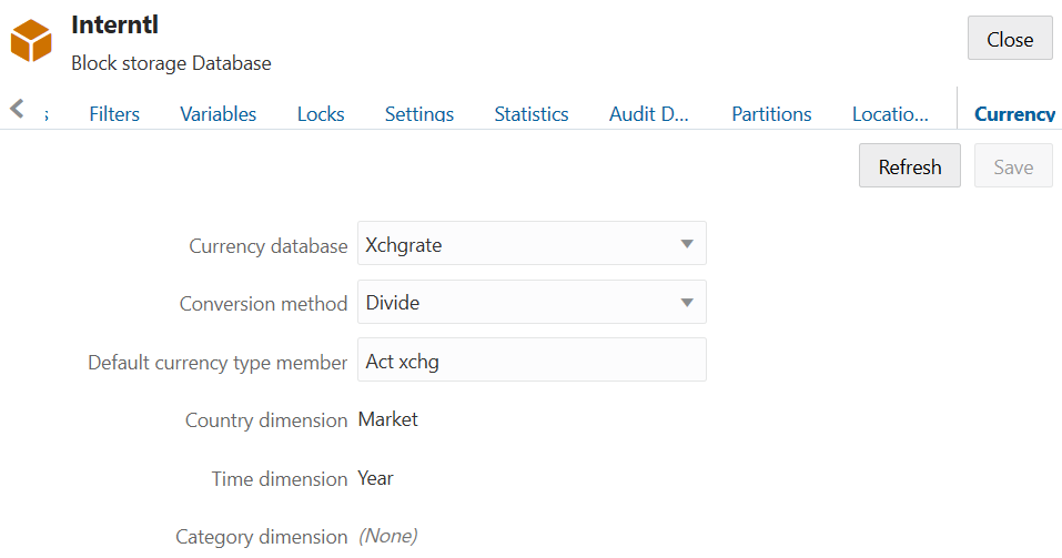 In the cube properties for the main cube Interntl, on the Currency tab, the Xchgrate cube is shown as the Currency database, the conversion method is Divide, the default currency type member is Act xchg, the Country dimension is Market, and the Time dimension is Year