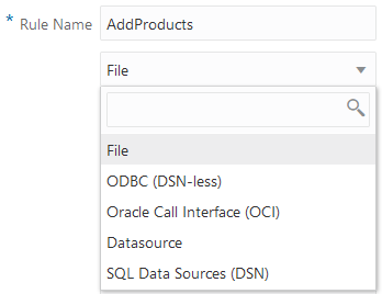 Source types you can select for dimension build rules include File, ODBC (DSN-less), Oracle Call Interface (OCI), Datasource, and SQL Data Sources (DSN).