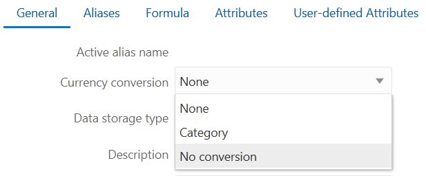 Member properties, General tab, showing No Conversion selected as the currency conversion option