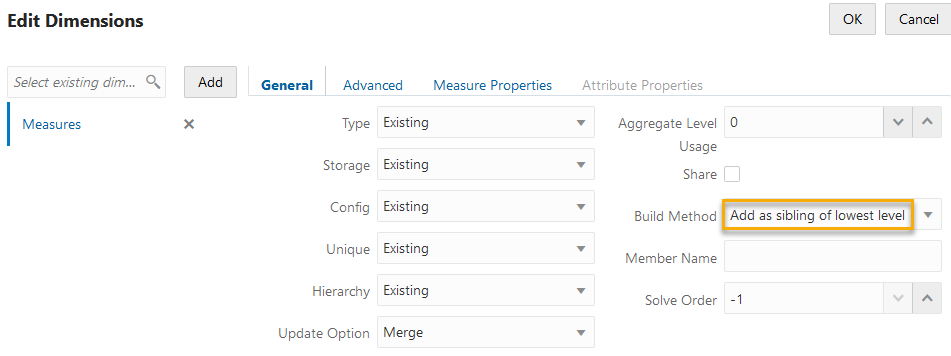 Image of the Edit Dimensions window in the dimension build rule editor, with Add as sibling of lowest level selected.