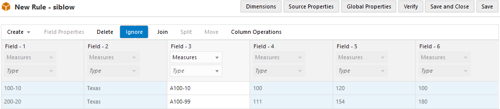 Image of the dimension build rule editor, populated with data, with fields 1, 2, 4, 5, and 6 ignored.