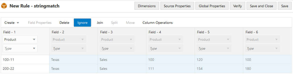 Completed new rule named stringmatch, designed for adding members as siblings to those with closely matching names. Field metadata for fields 1-6 contain Product for the dimension, with the Type left blank. Records are populated below the fields. Fields 2-6 are marked to be ignored during the dimension build.