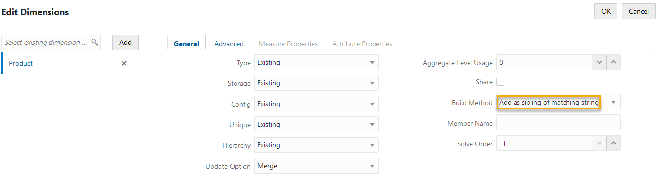 Image of the Edit Dimensions dialog in the dimension build rule editor, showing the Add as a sibling of matching string build method selected. All other options are left with the defaults.