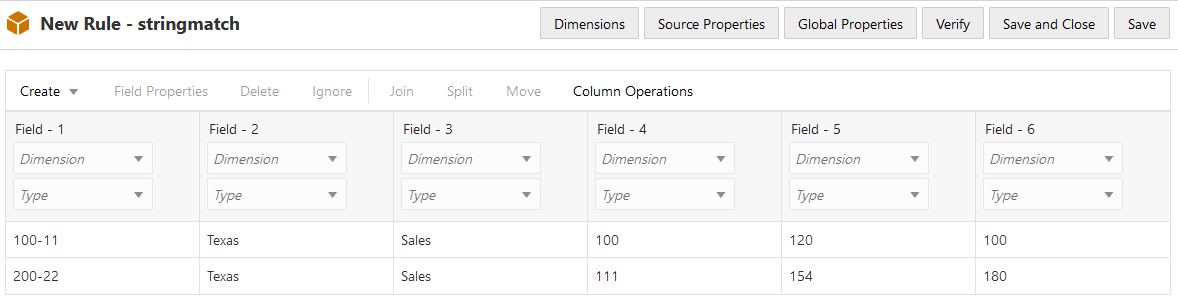 Unfinished new rule named stringmatch. Field metadata for fields 1-6 are blank in the field selectors. Records are populated below the field selectors, matching the data in the .txt file from step 2.