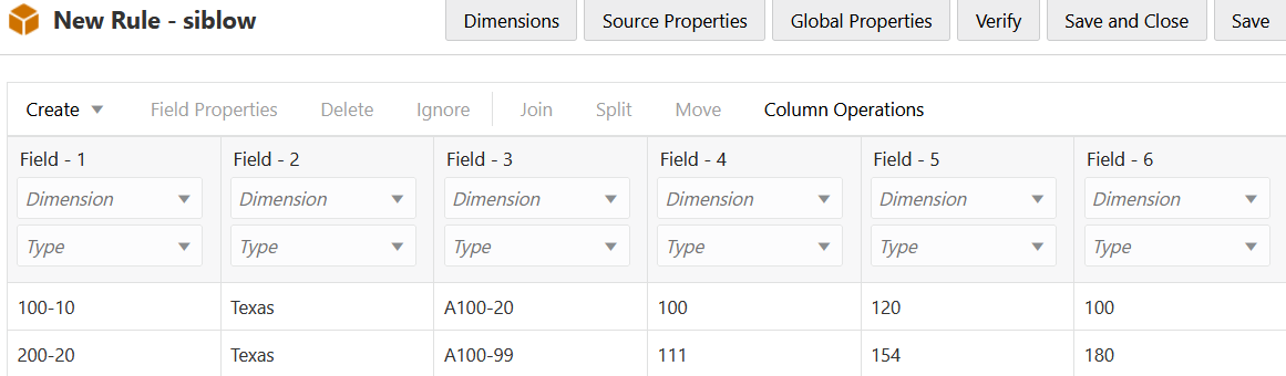 Image of the dimension build rule editor for the new rule "siblow," with undefined fields 1 to 6 as metadata columns waiting to be filled. Under each field is the imported data values from the source data file.