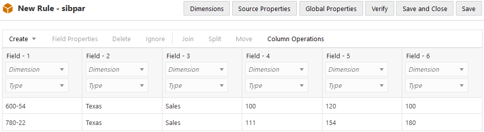 Unfinished new rule named sibpar. Field metadata for fields 1-6 is blank in the field selectors. Records are populated below the field selectors, matching the data in the .txt file from step 2.