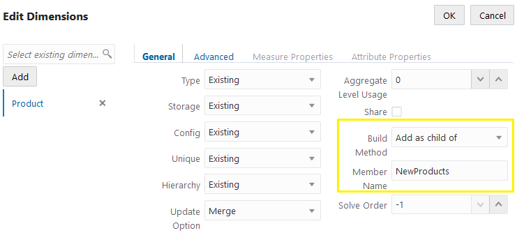 Dimension build properties for Product. All options are left default except for Build Method and Member Name, which are changed as described.