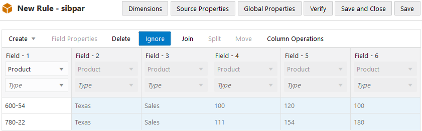 Completed new rule named sibpar, designed for adding members as children of a specified parent. Field metadata for fields 1-6 contains Product for the dimension, with Type left blank. Records are populated below the field selectors, matching the data in the .txt file from step 2. Fields 2-6 are marked to be ignored during the dimension build.