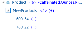 Outline viewer in Essbase web interface. Product dimension is expanded to show parent member NewProducts with two new members added: 600-54 and 780-22