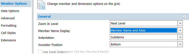 Member display options in Smart View with "Member Name and Alias" selected as the member name display