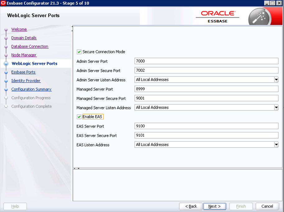 WebLogic server ports page with EAS enabled
