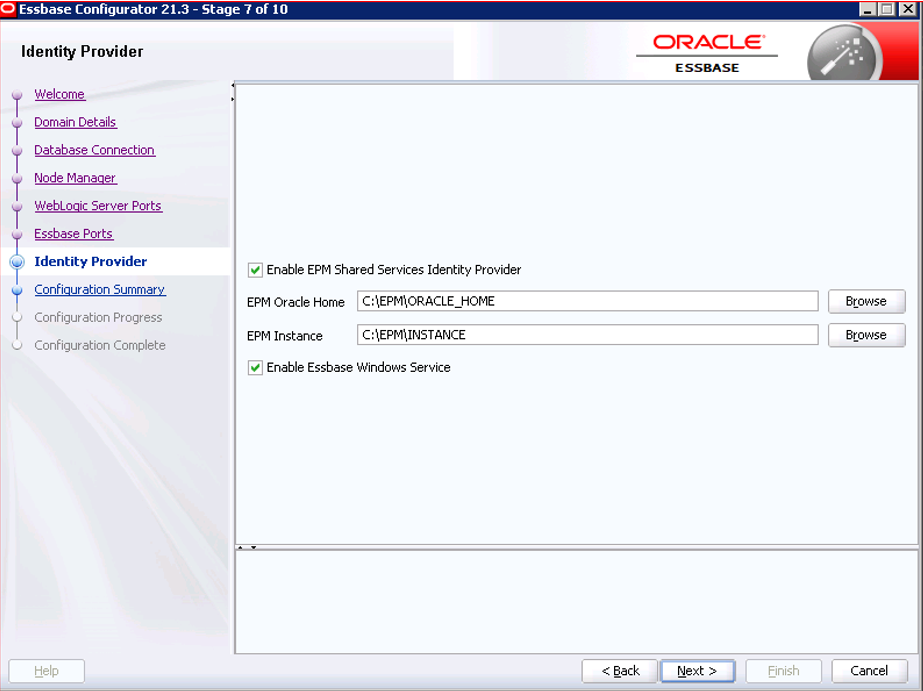 Identity Provider page with EPM Identity Provider and Essbase Windows service enabled