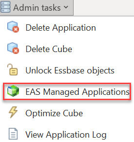 Image of the cube designer Admin Tasks drop down menu with EAS Managed Applications highlighted.