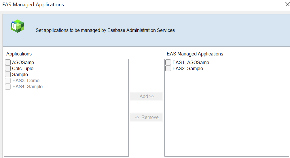 Image of the EAS Managed Applications dialog box in cube designer, with two applications in the right hand EAS Managed side, and five applications (two of them greyed out) in the left hand "applications" side.