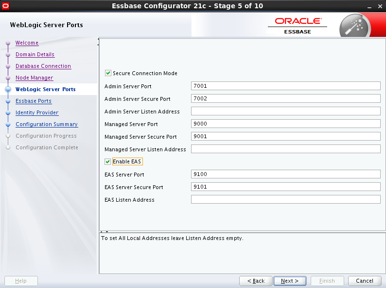 WebLogic Server Ports page with EAS enabled