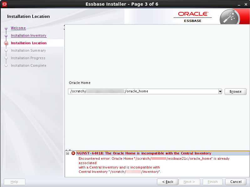 Installation Location screen with error NGINST-64018: The Oracle Home is incompatible with the Central Inventory