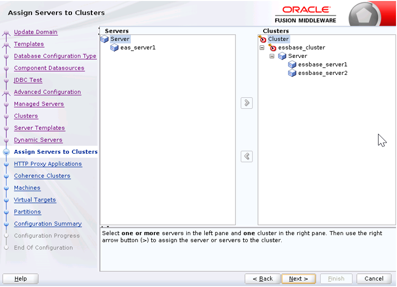 Image of the assign servers to clusters pane in the FMW configuration wizard.