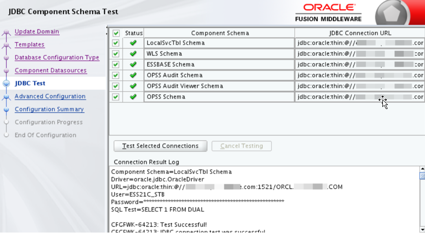 Image of the JDBC Test pane in the fmw configuration wizard.