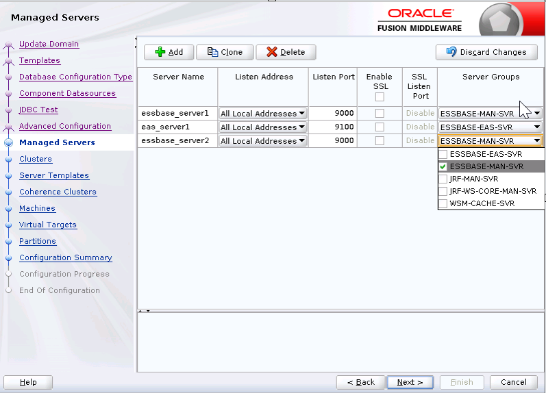 Image of the managed servers pane in the FMW configuration wizard.