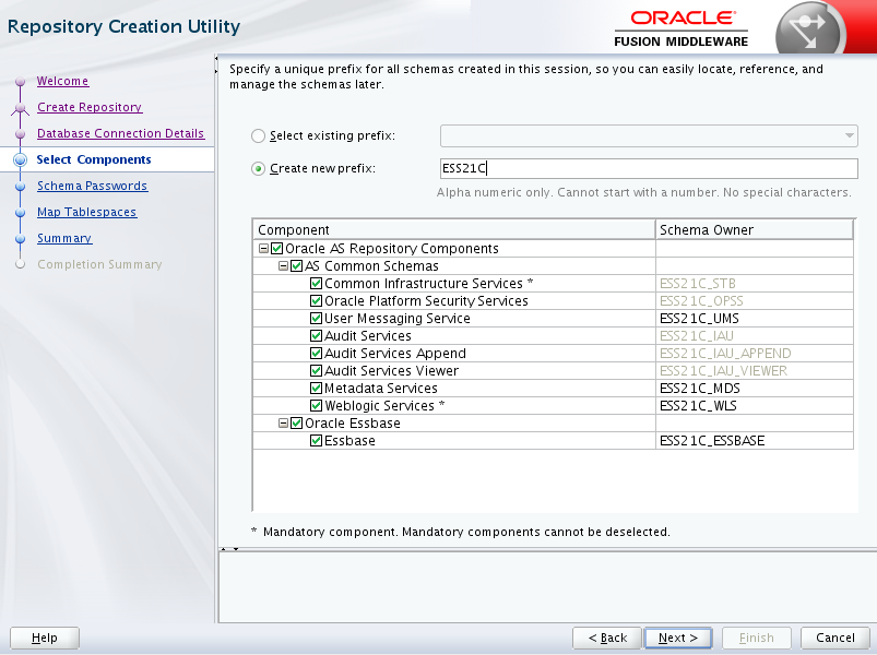 Select Components page, where you create a new prefix or enter existing prefix, and select to include schemas for all components