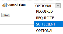 WebLogic Server Administration Console, Providers > msad > Common tab, focusing on Control Flag setting being changed from OPTIONAL to SUFFICIENT, and the Save button.