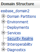 Domain Structure navigation tree in WebLogic Administration Console, focused on "Security Realms" link underneath an Essbase domain named essbase_domain2